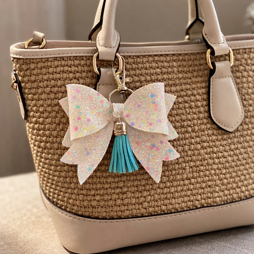 White Glitter Bow Bag Charm Key Chain